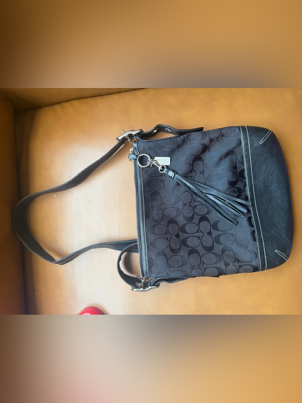 Coach Black Signature Jacquard Shoulder Bag with Tassel